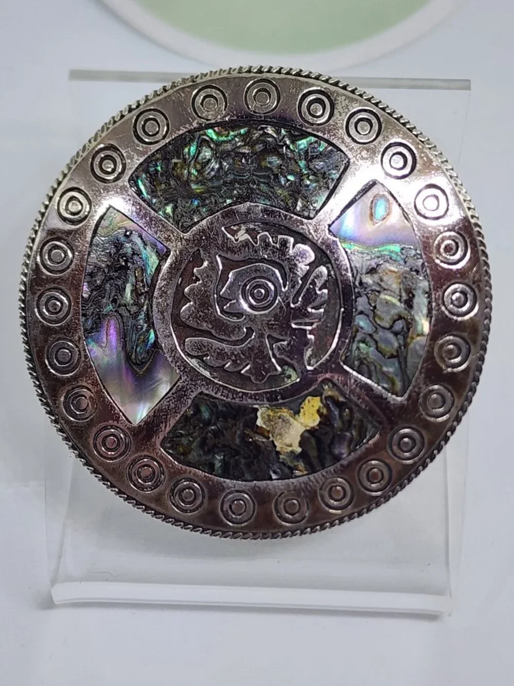 Vintage Taxco Sterling Silver Abalone Aztec Mexico Large Handmade Pin Pendant